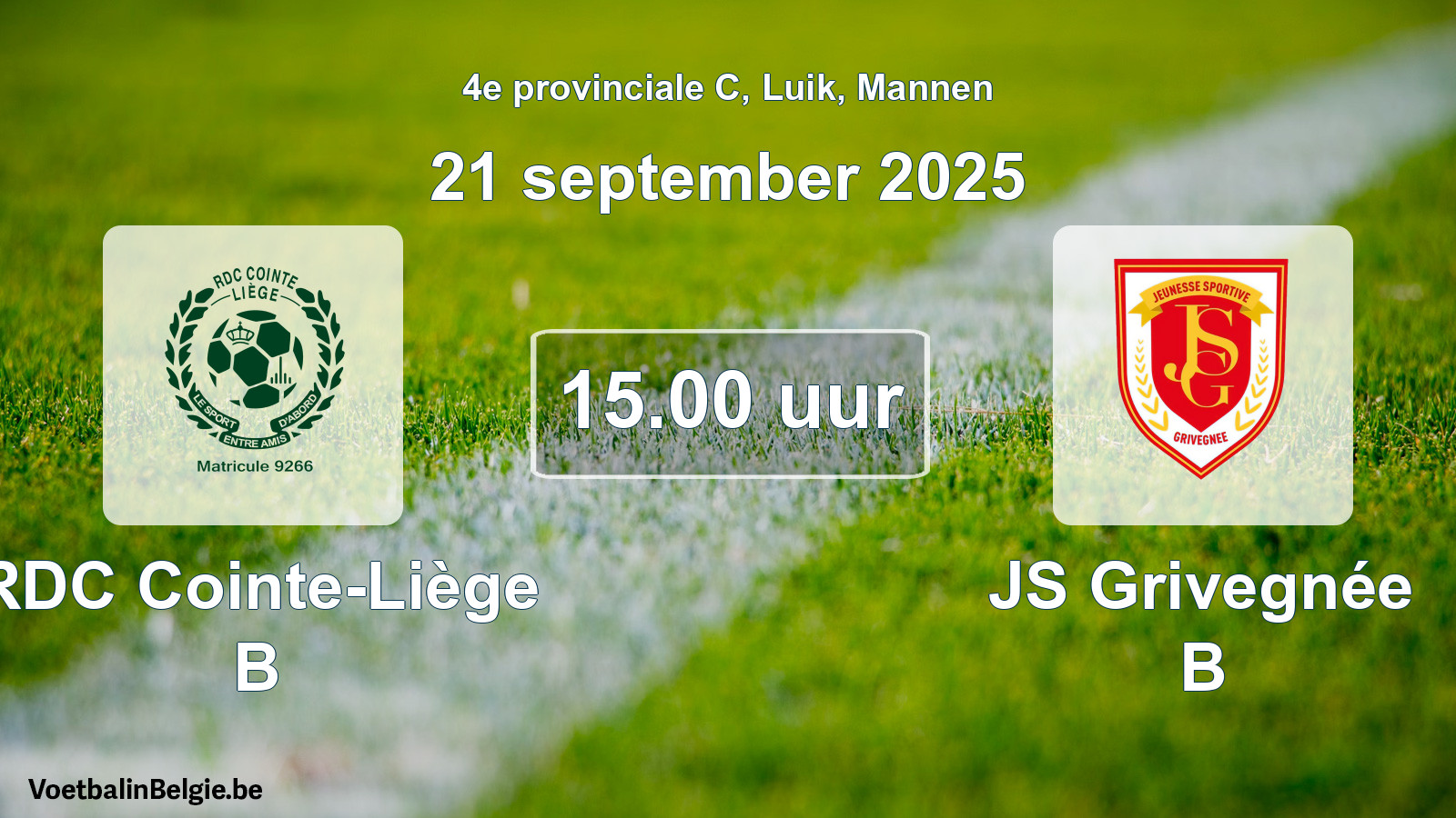 Match prévu football hommes: RDC Cointe-Liège B - JS Grivegnée B (21 septembre 2025)