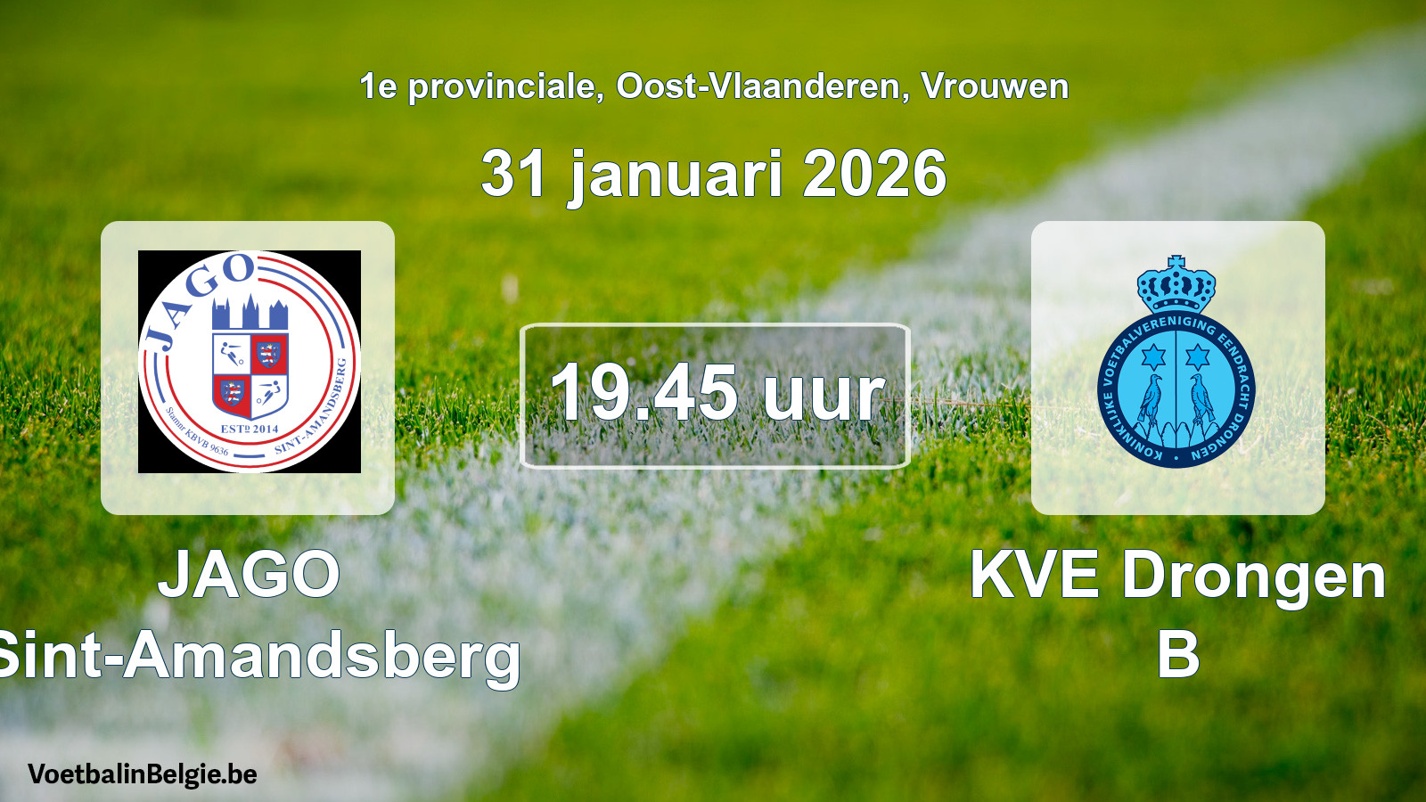 Geplande wedstrijd vrouwenvoetbal: JAGO Sint-Amandsberg - KVE Drongen B (31 januari 2026)