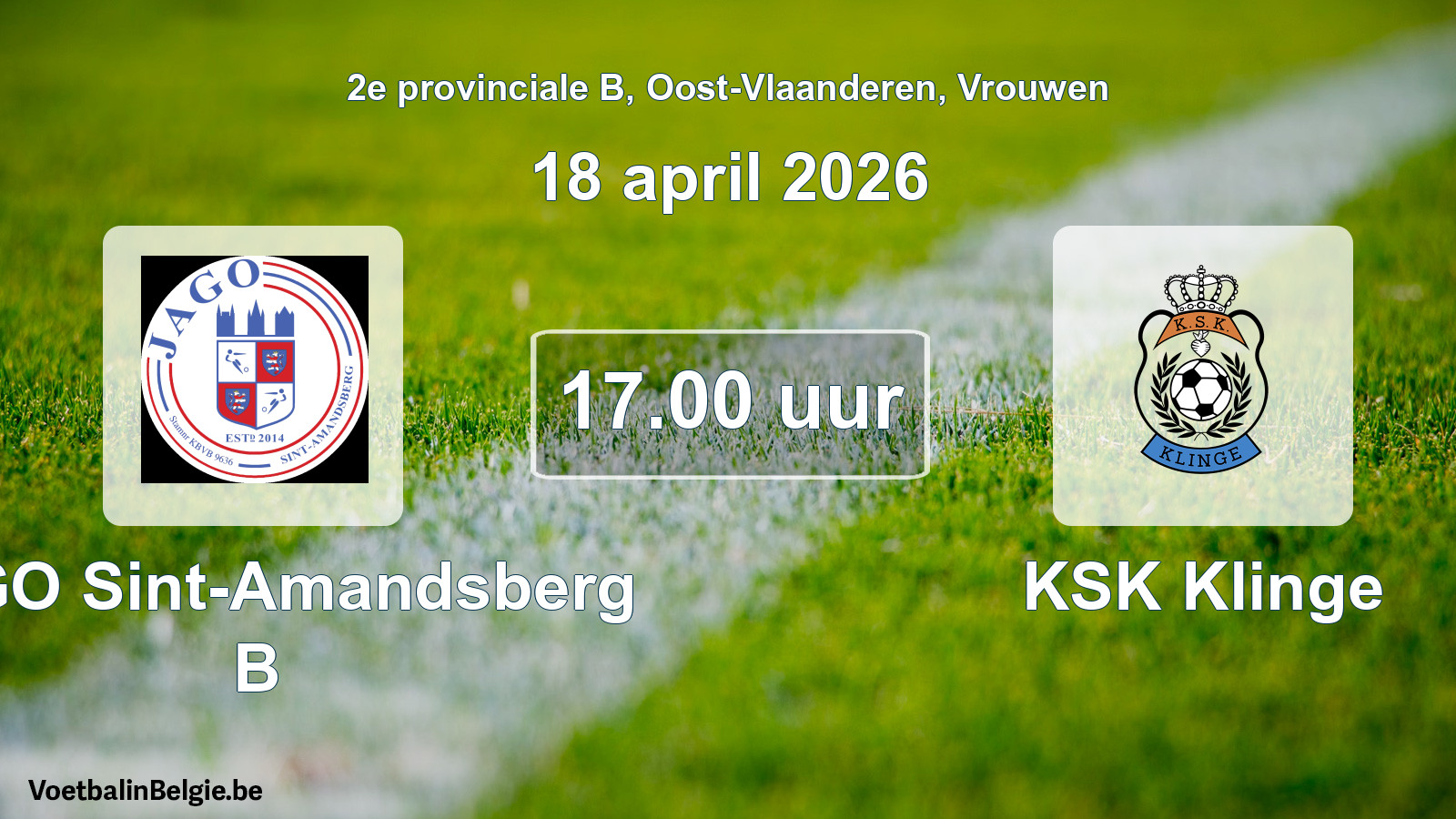 Scheduled match women football: JAGO Sint-Amandsberg B - KSK Klinge (18 April 2026)