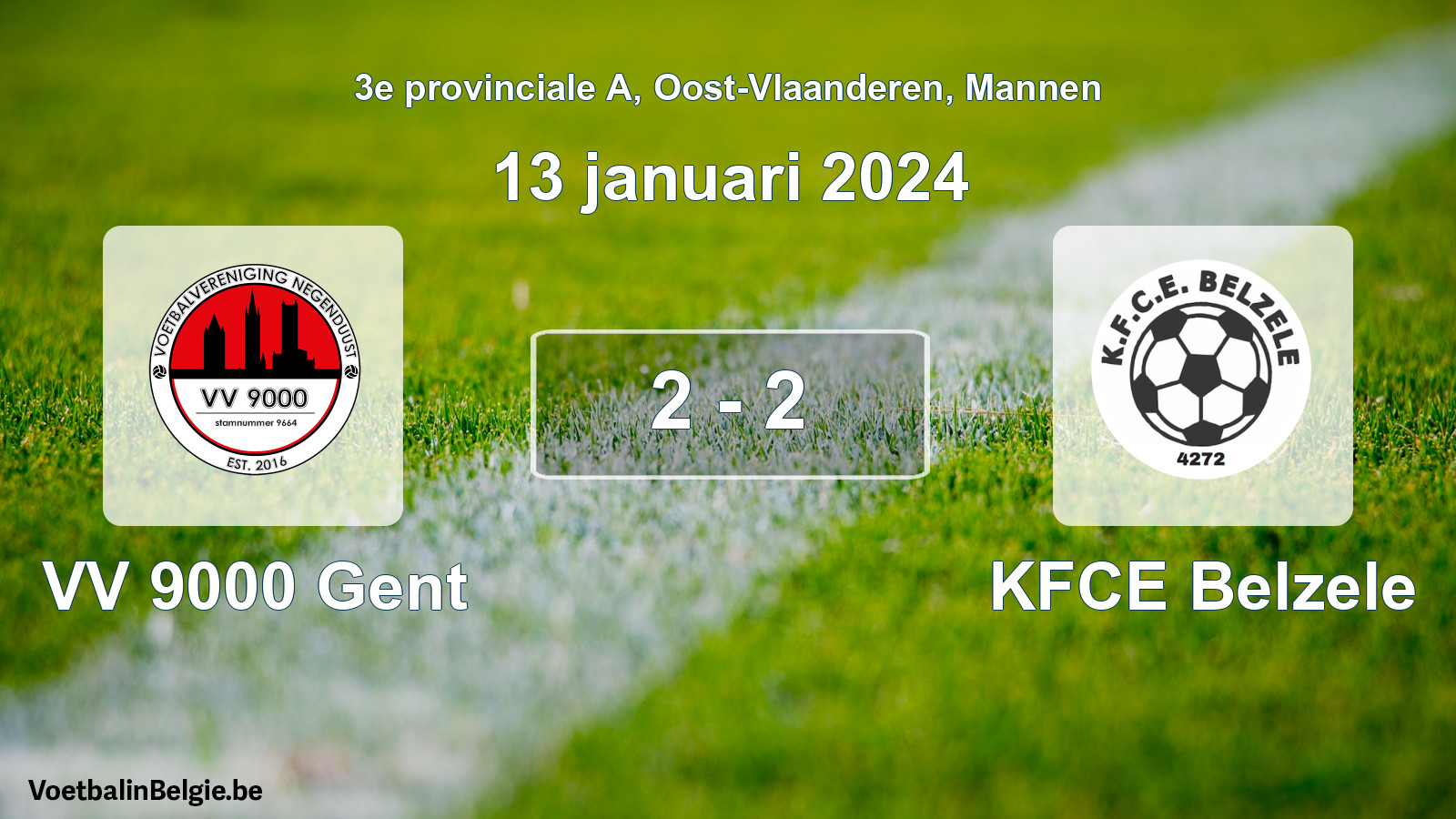 Gespeelde wedstrijd mannenvoetbal: VV 9000 Gent - KFCE Belzele 2 - 2 (13 januari 2024)