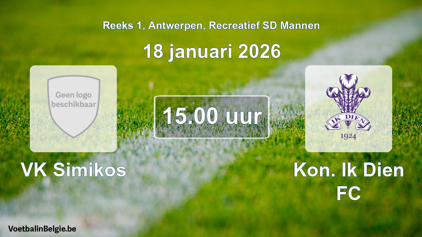Scheduled match recreational sd men football: VK Simikos - Kon. Ik Dien FC (18 January 2026)