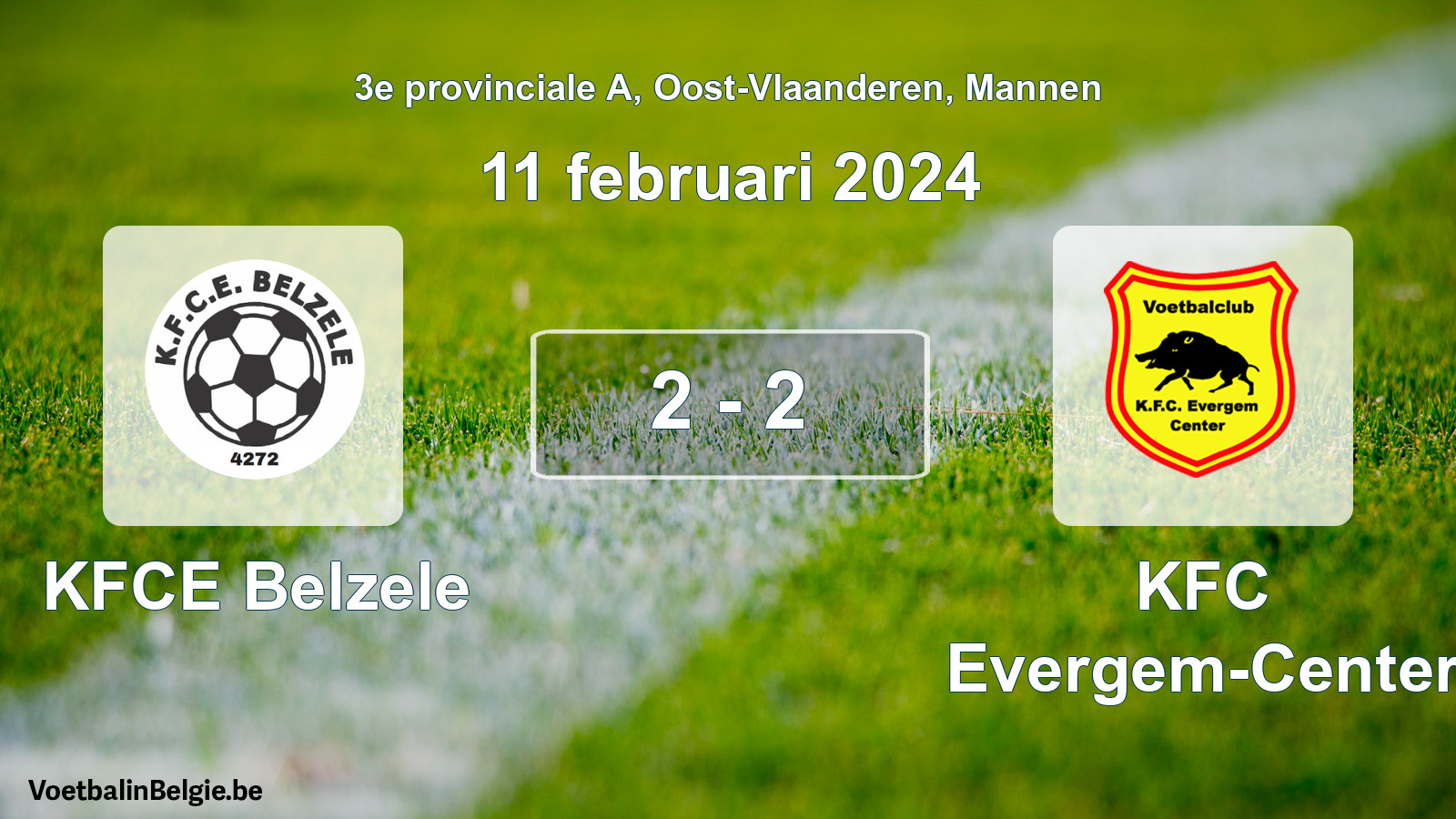 Gespeelde wedstrijd mannenvoetbal: KFCE Belzele - KFC Evergem-Center 2 - 2 (11 februari 2024)