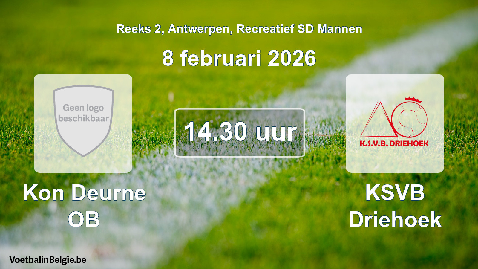 Scheduled match recreational sd men football: Kon Deurne OB - KSVB Driehoek (8 February 2026)