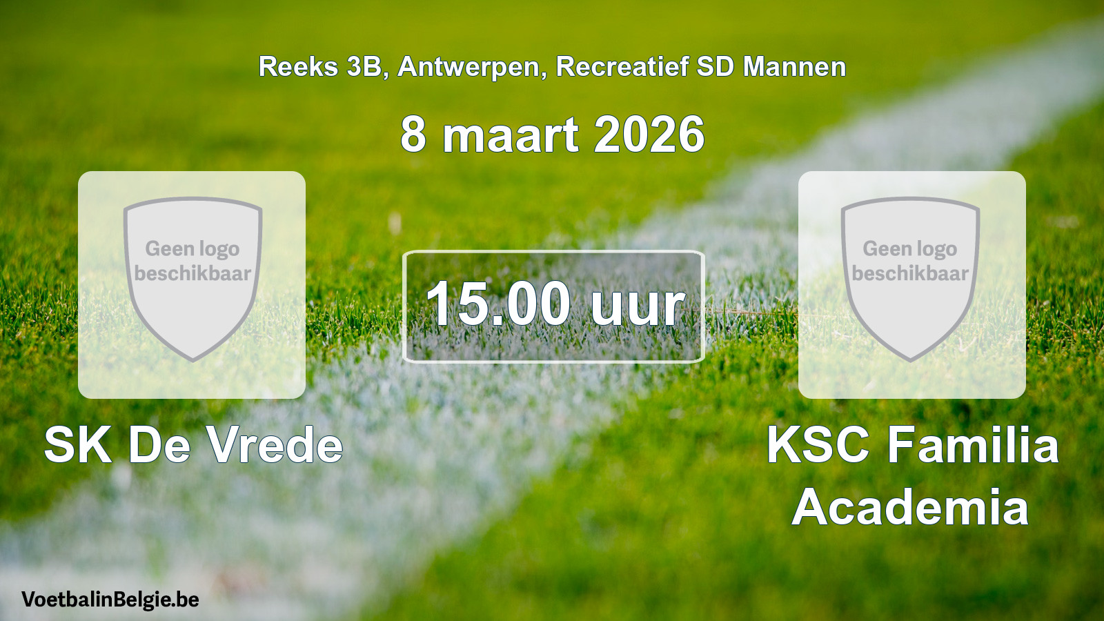 Scheduled match recreational sd men football: SK De Vrede - KSC Familia Academia (8 March 2026)
