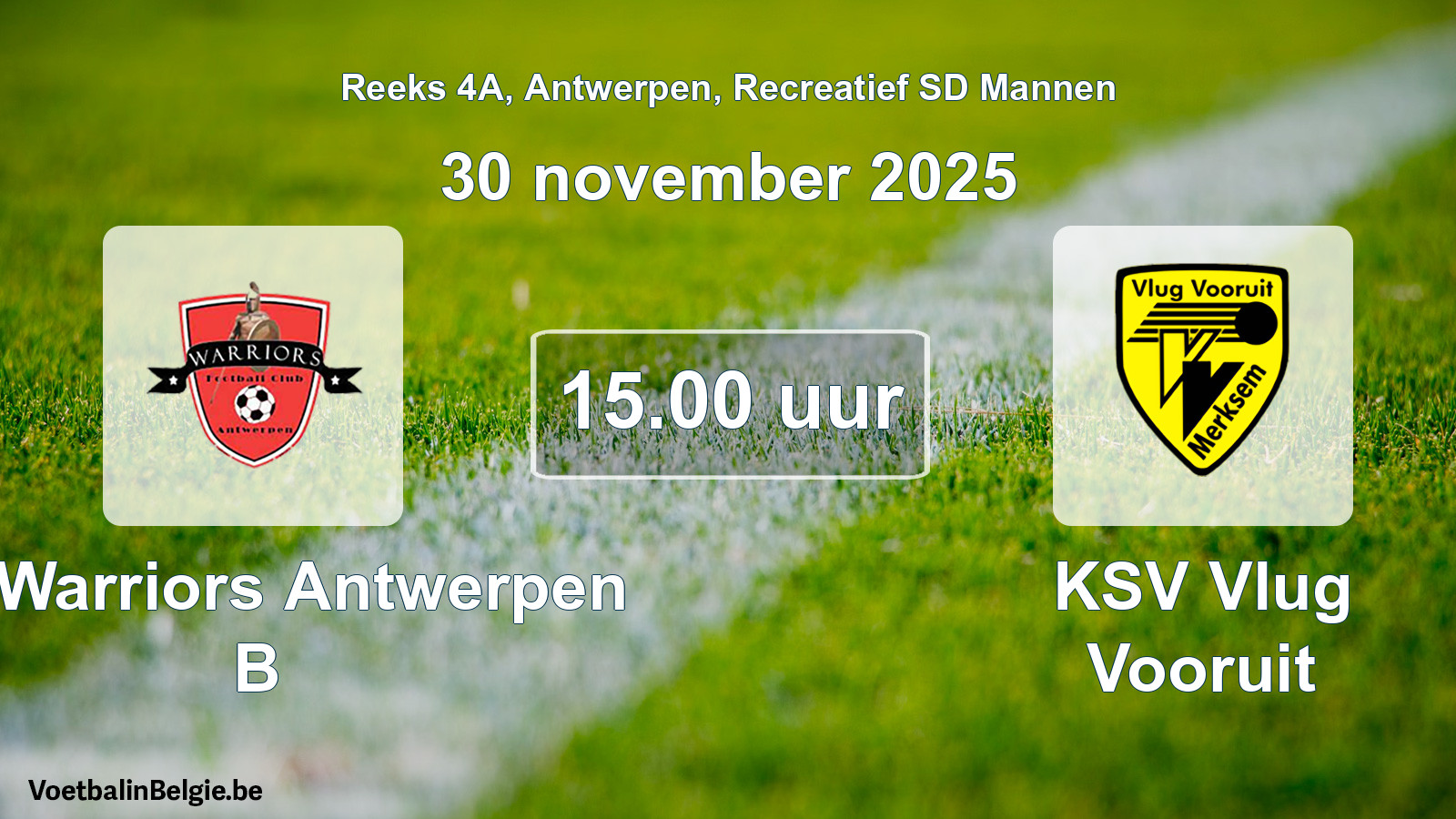 Scheduled match recreational sd men football: FC Warriors Antwerpen B - KSV Vlug Vooruit (30 November 2025)