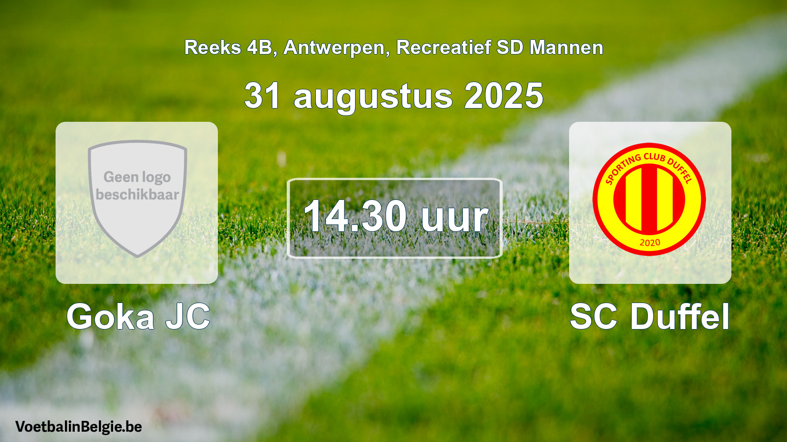 Geplande wedstrijd recreatief sd mannenvoetbal: Goka JC - SC Duffel (31 augustus 2025)