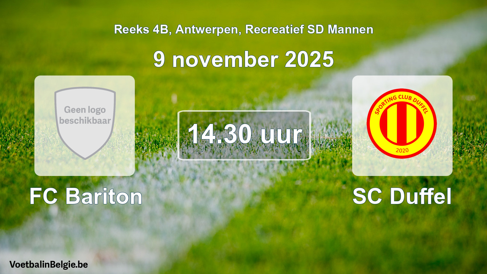 Geplande wedstrijd recreatief sd mannenvoetbal: FC Bariton - SC Duffel (9 november 2025)