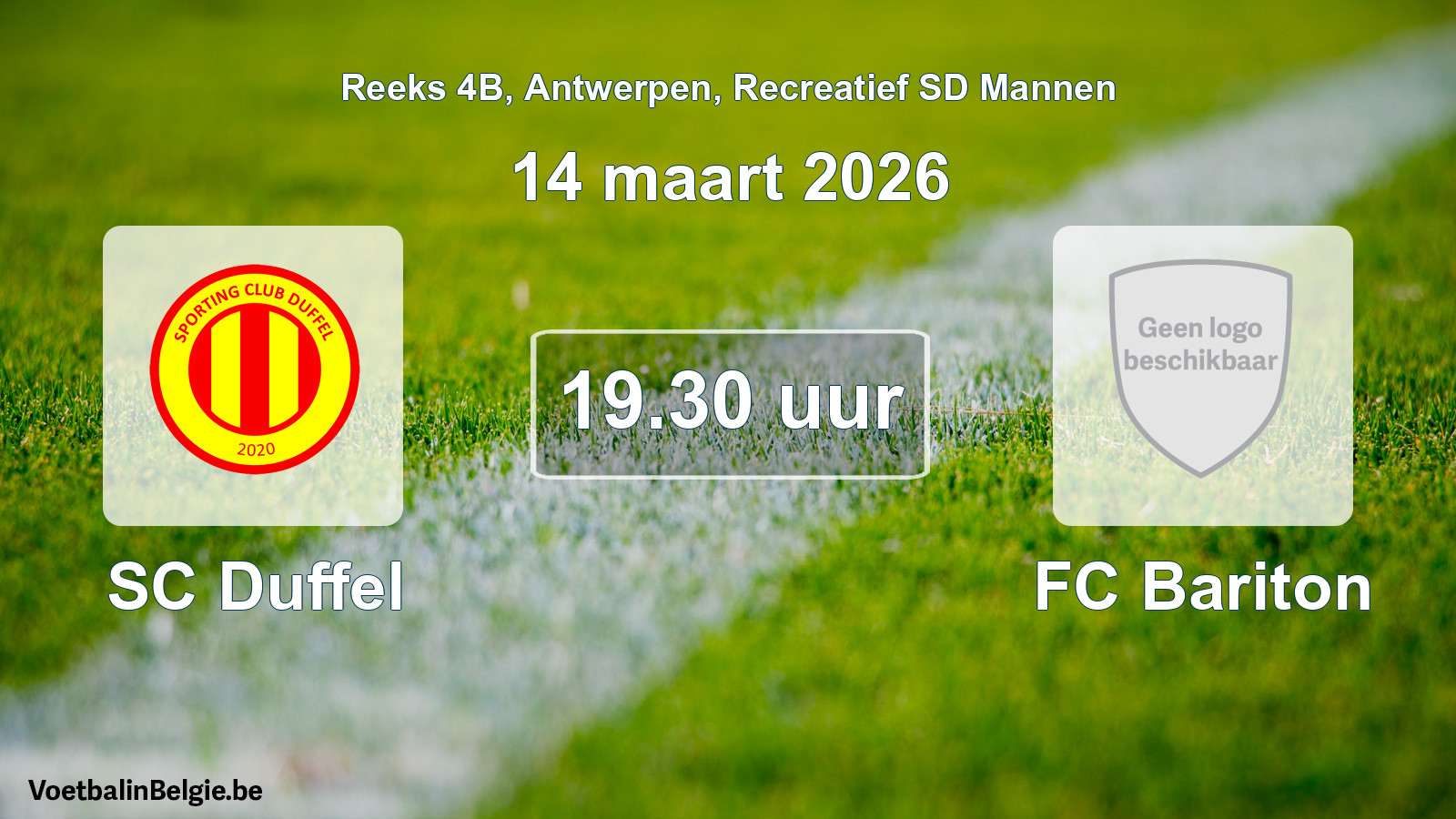 Scheduled match recreational sd men football: SC Duffel - FC Bariton (14 March 2026)