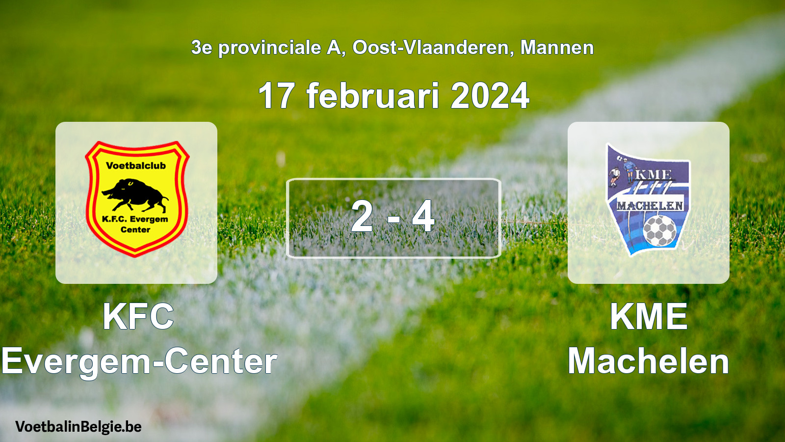 Gespeelde wedstrijd mannenvoetbal: KFC Evergem-Center - KME Machelen 2 - 4 (17 februari 2024)