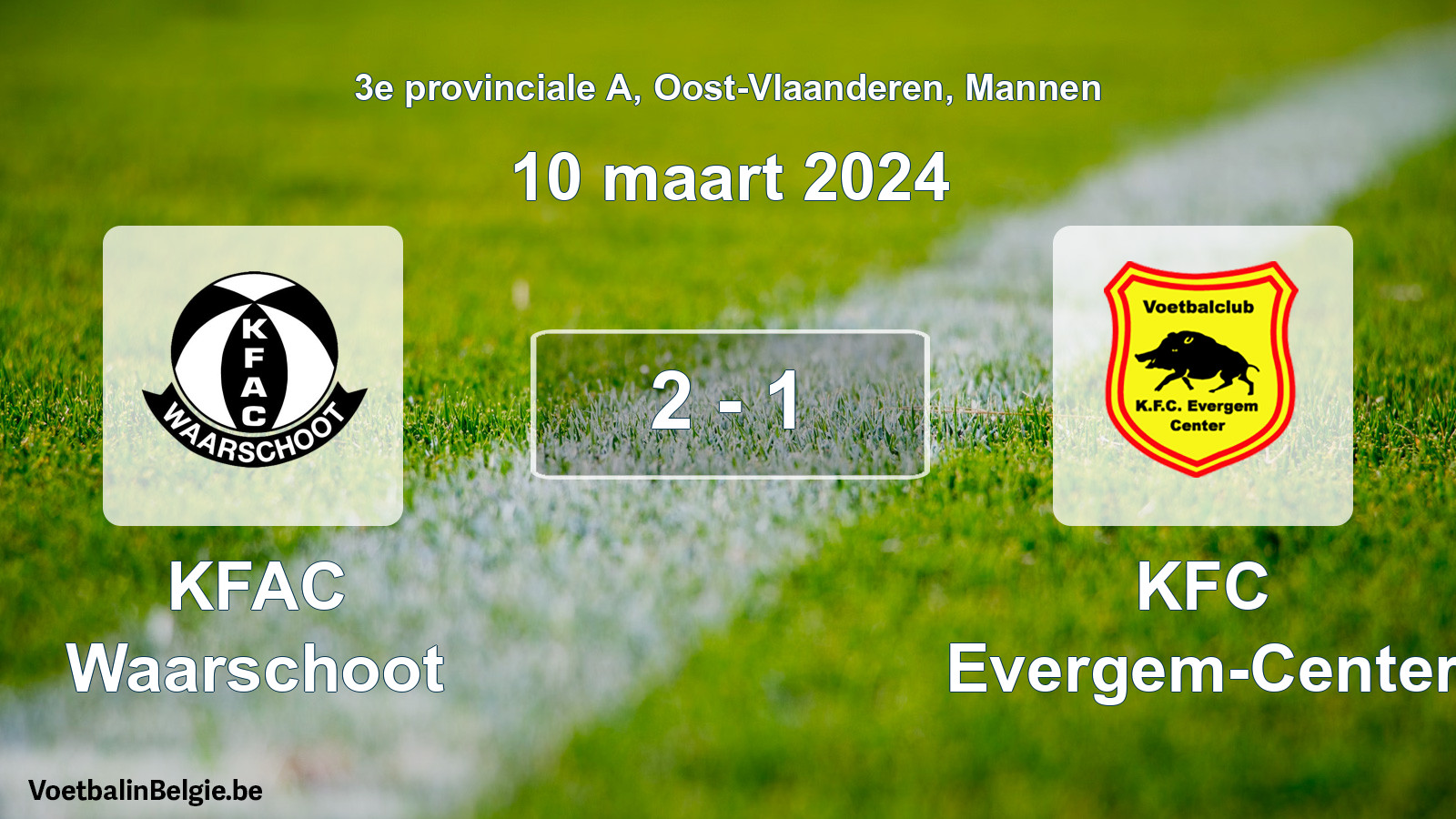 Gespeelde wedstrijd mannenvoetbal: KFAC Waarschoot - KFC Evergem-Center 2 - 1 (10 maart 2024)