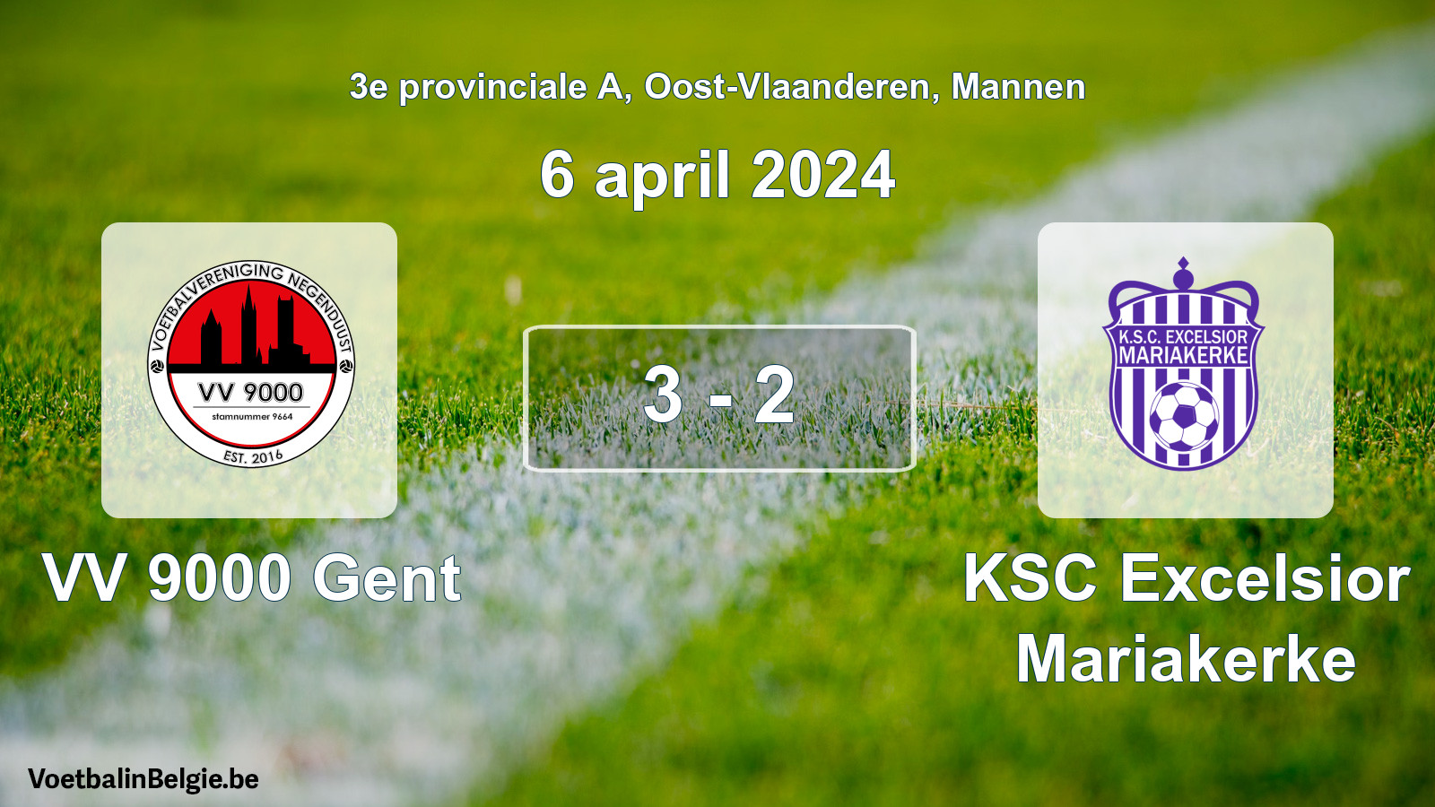 Gespeelde wedstrijd mannenvoetbal: VV 9000 Gent - KSC Excelsior Mariakerke 3 - 2 (6 april 2024)