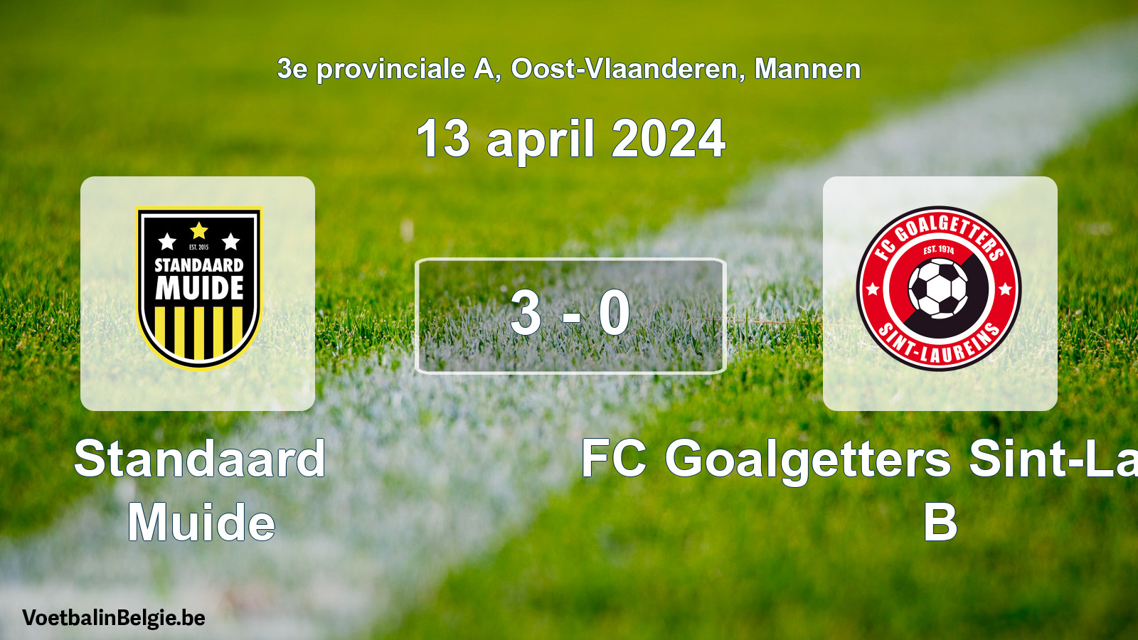 Gespeelde wedstrijd mannenvoetbal: Standaard Muide - FC Goalgetters Sint-Laureins B 3 - 0 (13 april 2024)