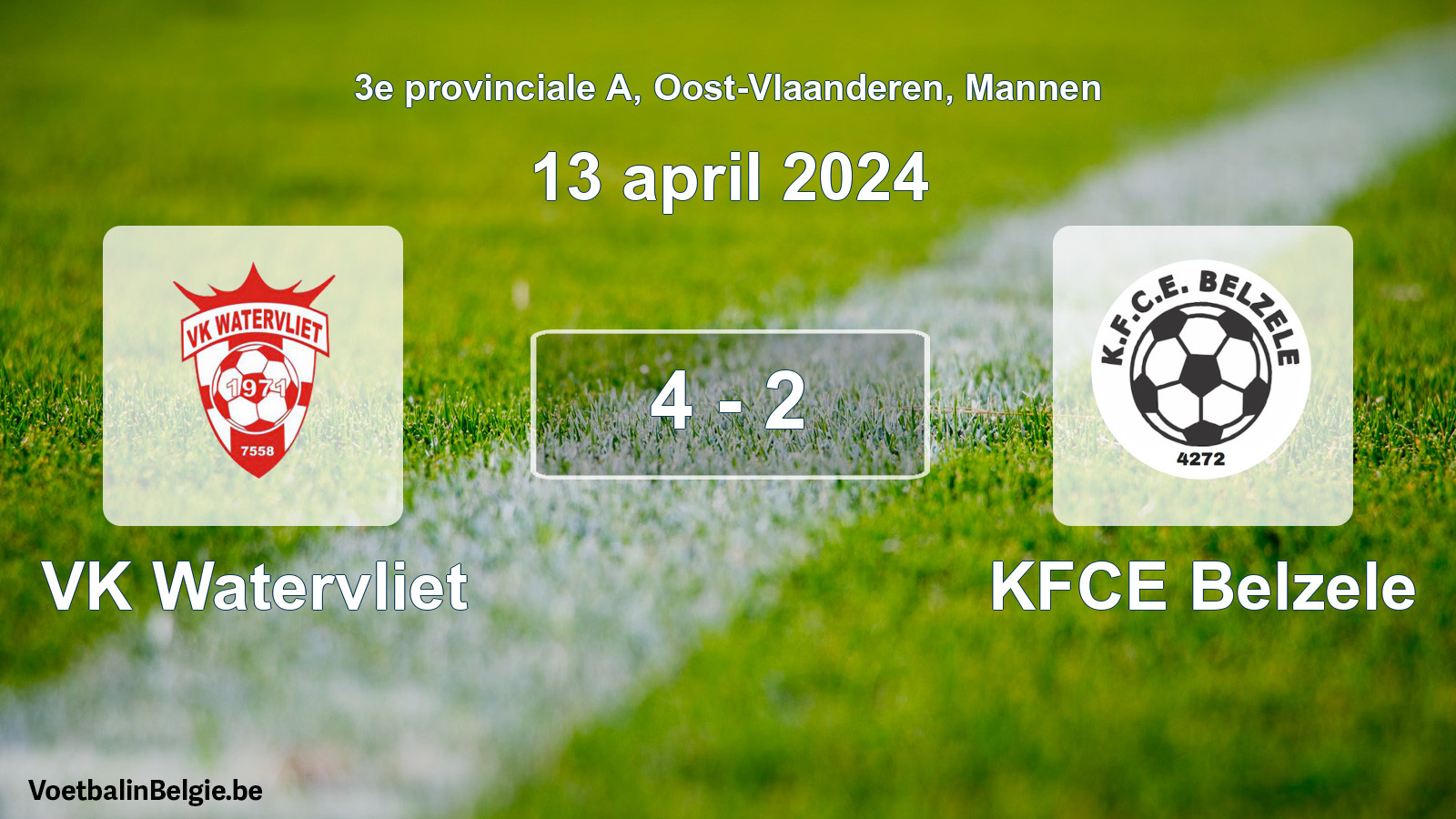 Gespeelde wedstrijd mannenvoetbal: VK Watervliet - KFCE Belzele 4 - 2 (13 april 2024)