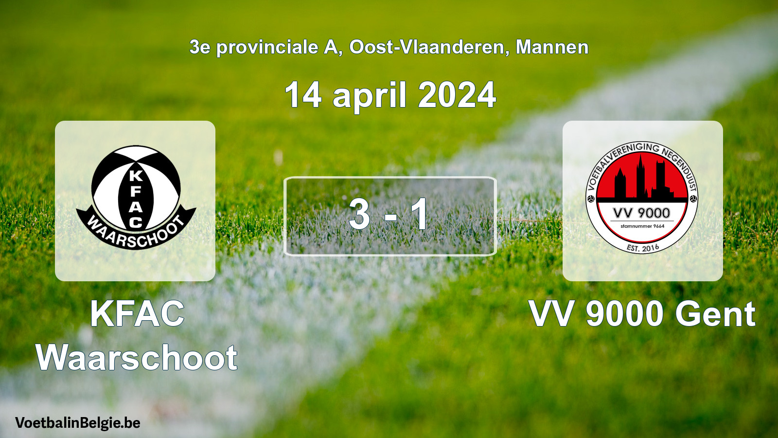 Gespeelde wedstrijd mannenvoetbal: KFAC Waarschoot - VV 9000 Gent 3 - 1 (14 april 2024)
