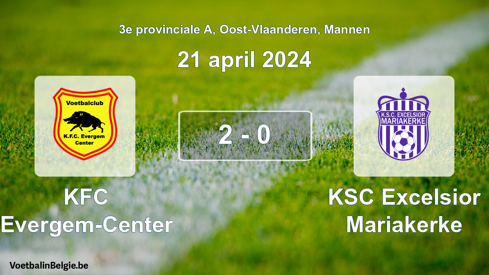 Gespeelde wedstrijd mannenvoetbal: KFC Evergem-Center - KSC Excelsior Mariakerke 2 - 0 (21 april 2024)