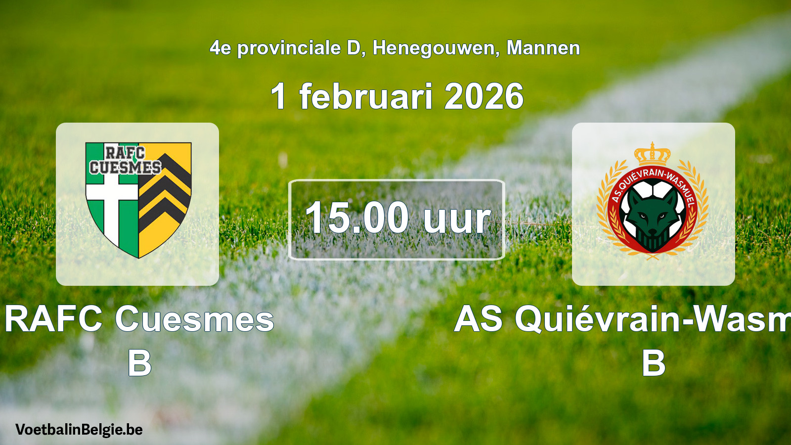 Geplande wedstrijd mannenvoetbal: RAFC Cuesmes B - AS Quiévrain-Wasmuël B (1 februari 2026)