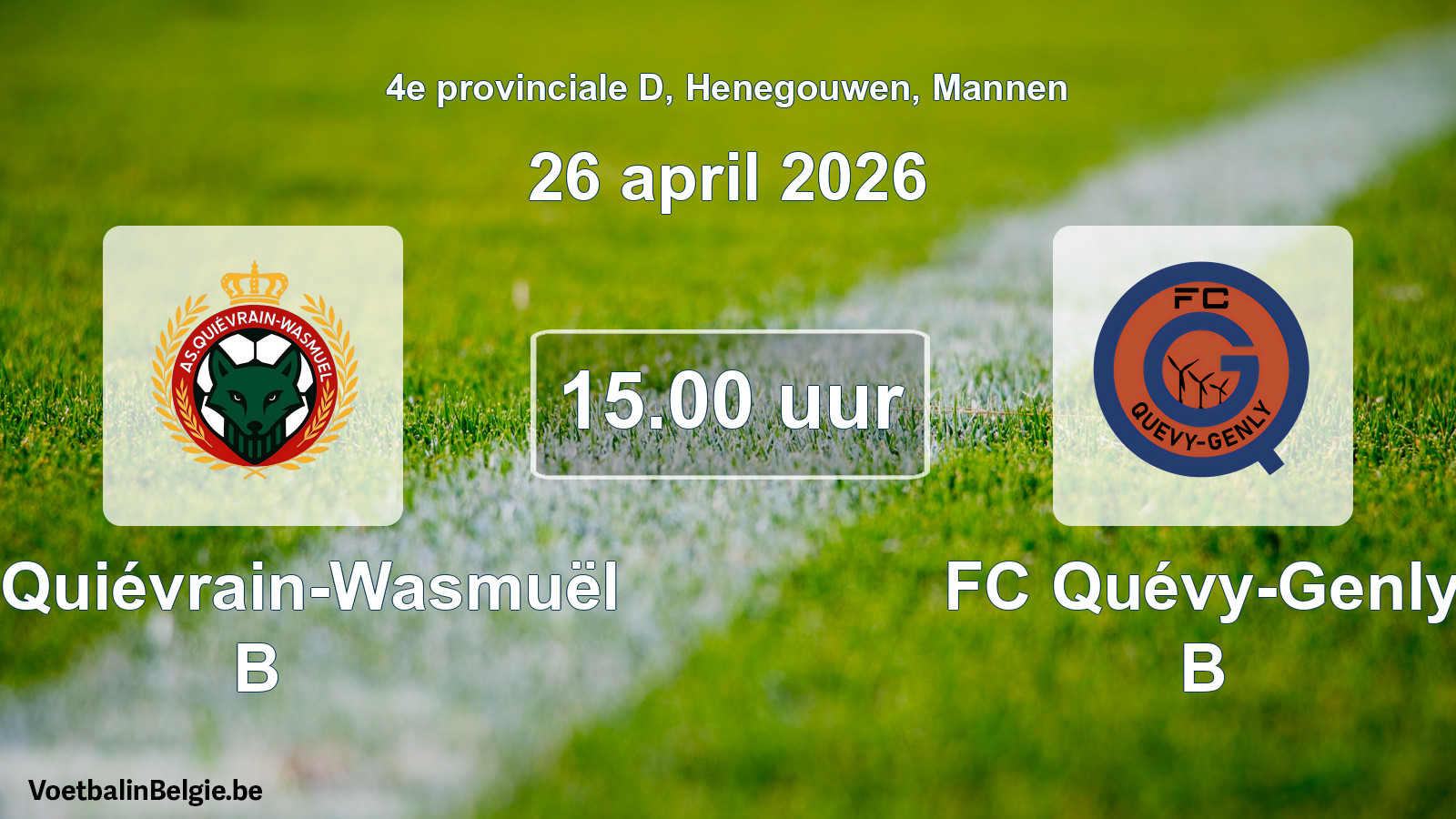 Geplande wedstrijd mannenvoetbal: AS Quiévrain-Wasmuël B - FC Quévy-Genly B (26 april 2026)