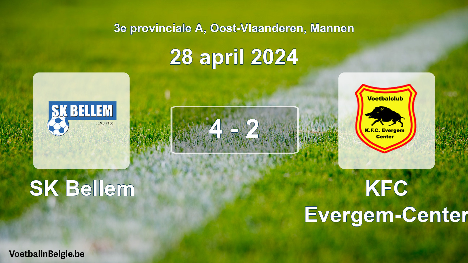 Gespeelde wedstrijd mannenvoetbal: SK Bellem - KFC Evergem-Center 4 - 2 (28 april 2024)