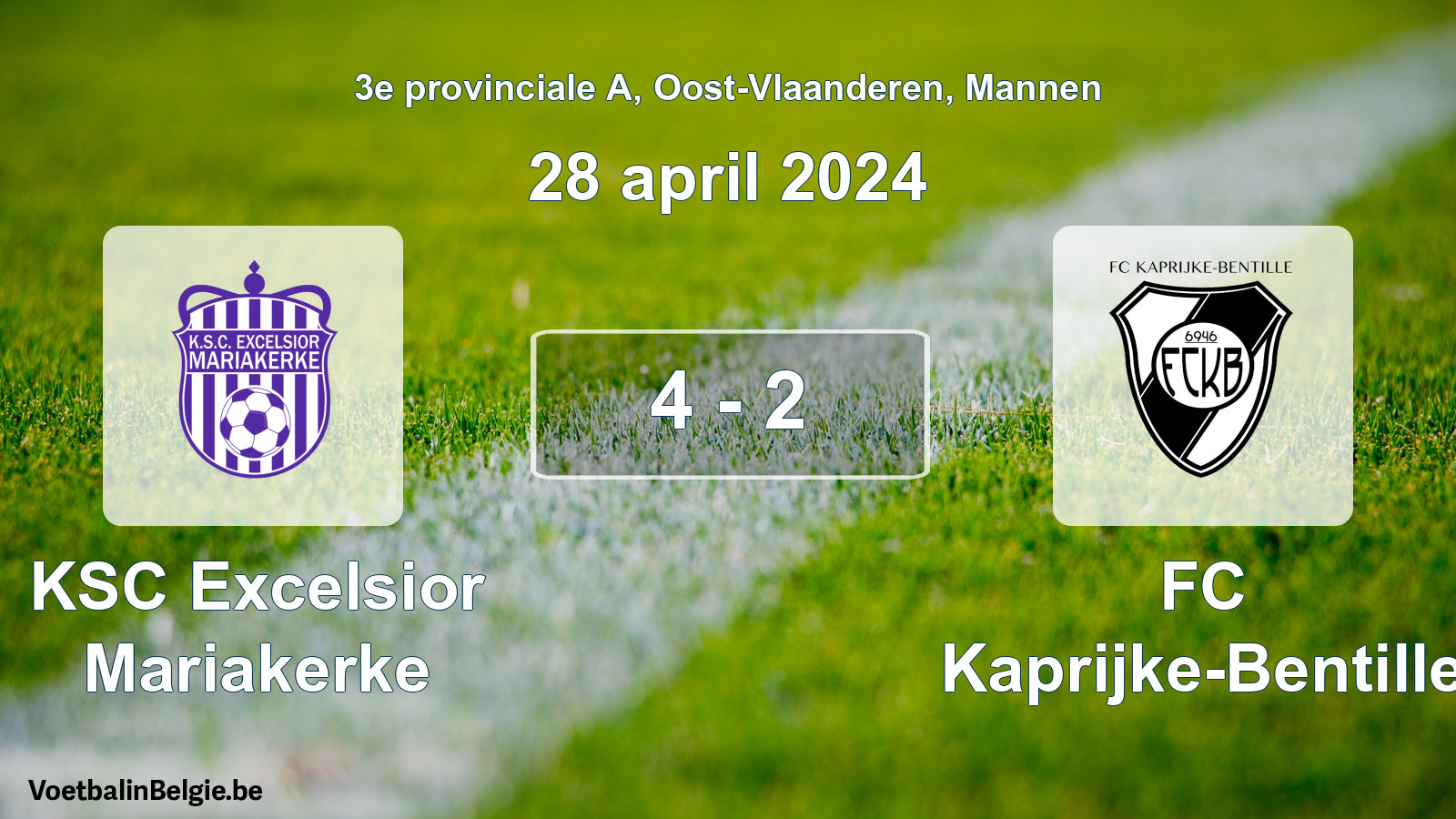 Gespeelde wedstrijd mannenvoetbal: KSC Excelsior Mariakerke - FC Kaprijke-Bentille 4 - 2 (28 april 2024)