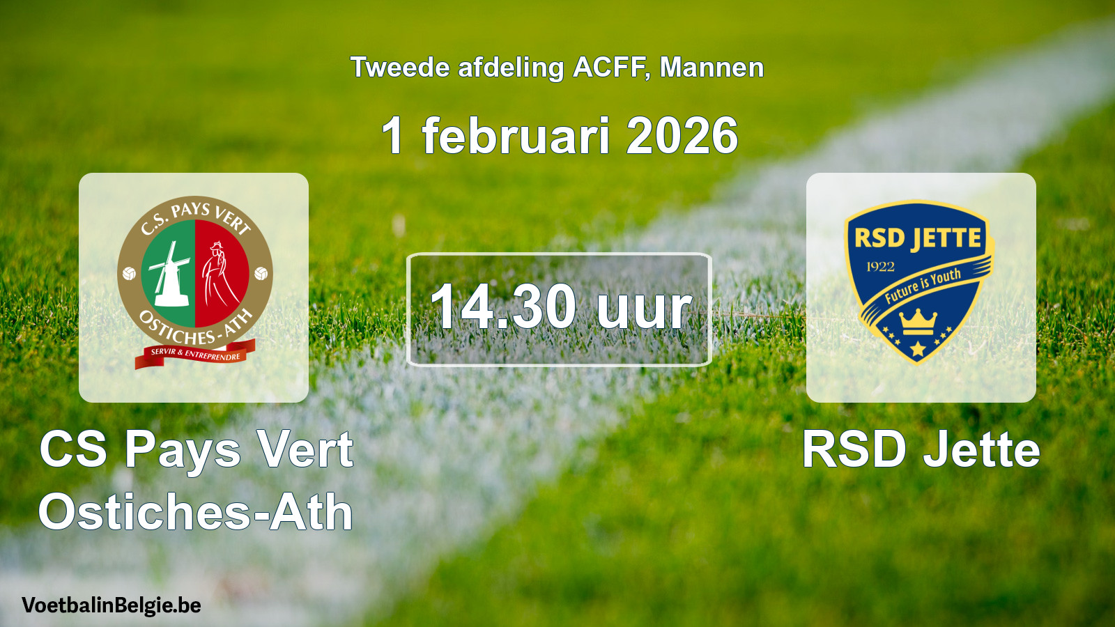 Geplande wedstrijd mannenvoetbal: CS Pays Vert Ostiches-Ath - RSD Jette (1 februari 2026)