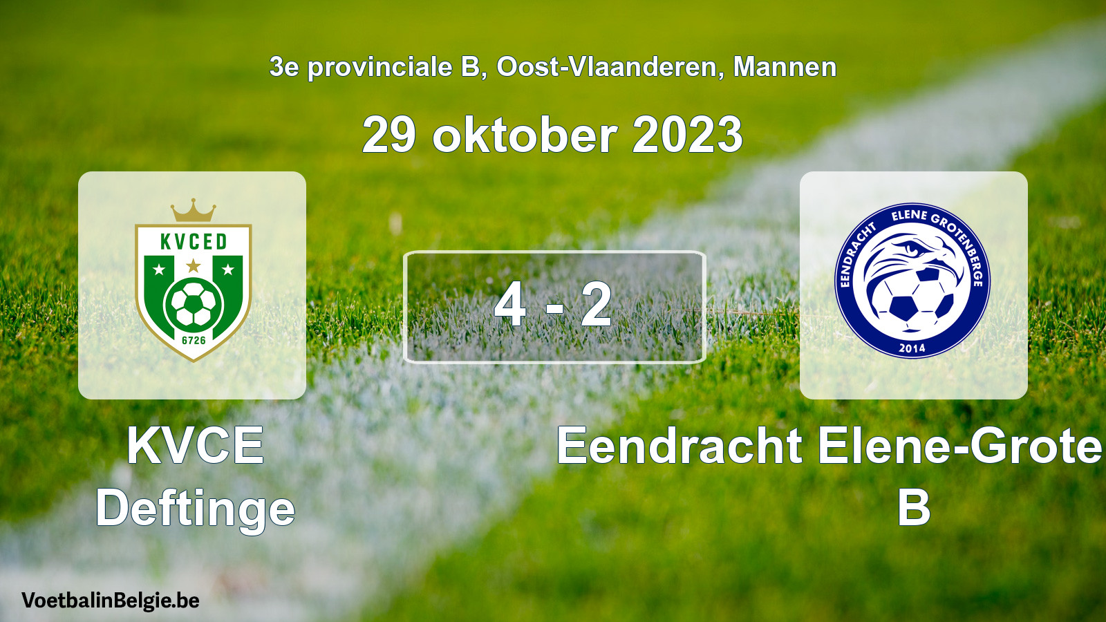 Gespeelde wedstrijd mannenvoetbal: KVCE Deftinge - Eendracht Elene-Grotenberge B 4 - 2 (29 oktober 2023)