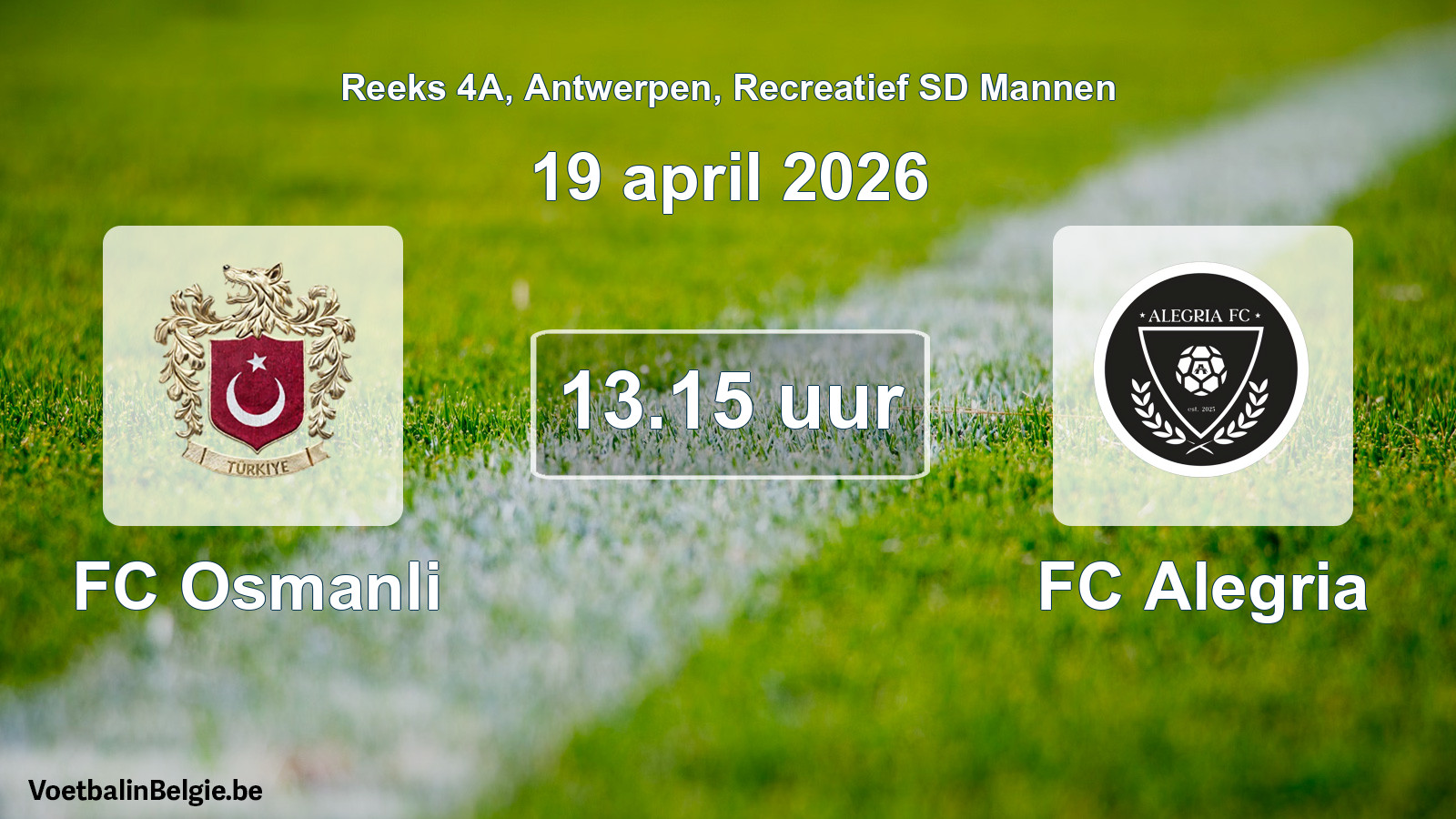 Scheduled match recreational sd men football: FC Osmanli - FC Alegria (19 April 2026)