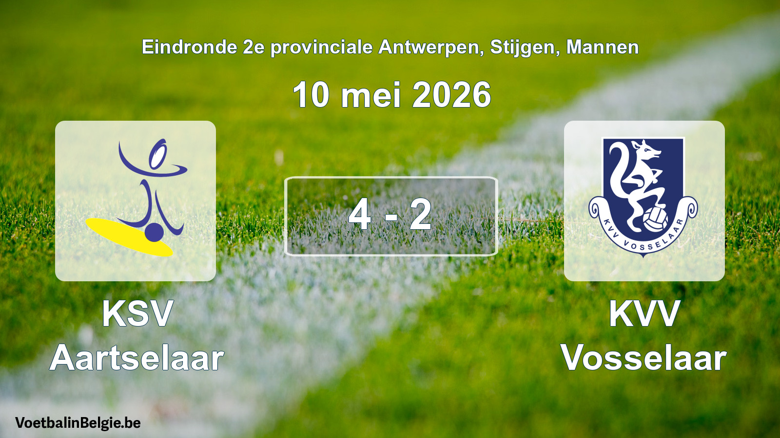Gespeelde wedstrijd mannenvoetbal: KSV Aartselaar - KVV Vosselaar 4 - 2 (10 mei 2026)