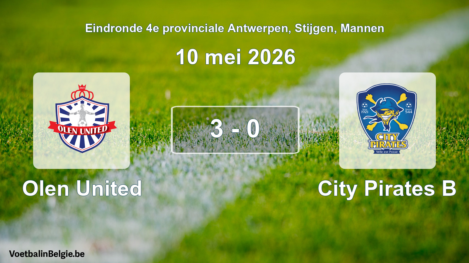 Gespeelde wedstrijd mannenvoetbal: Olen United - City Pirates B 3 - 0 (10 mei 2026)