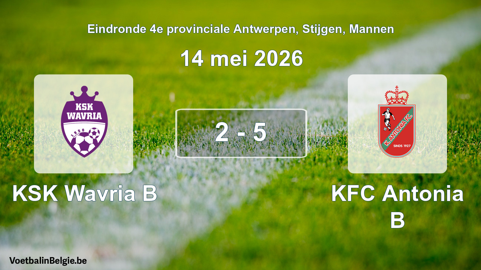 Gespeelde wedstrijd mannenvoetbal: KSK Wavria B - KFC Antonia B 2 - 5 (14 mei 2026)