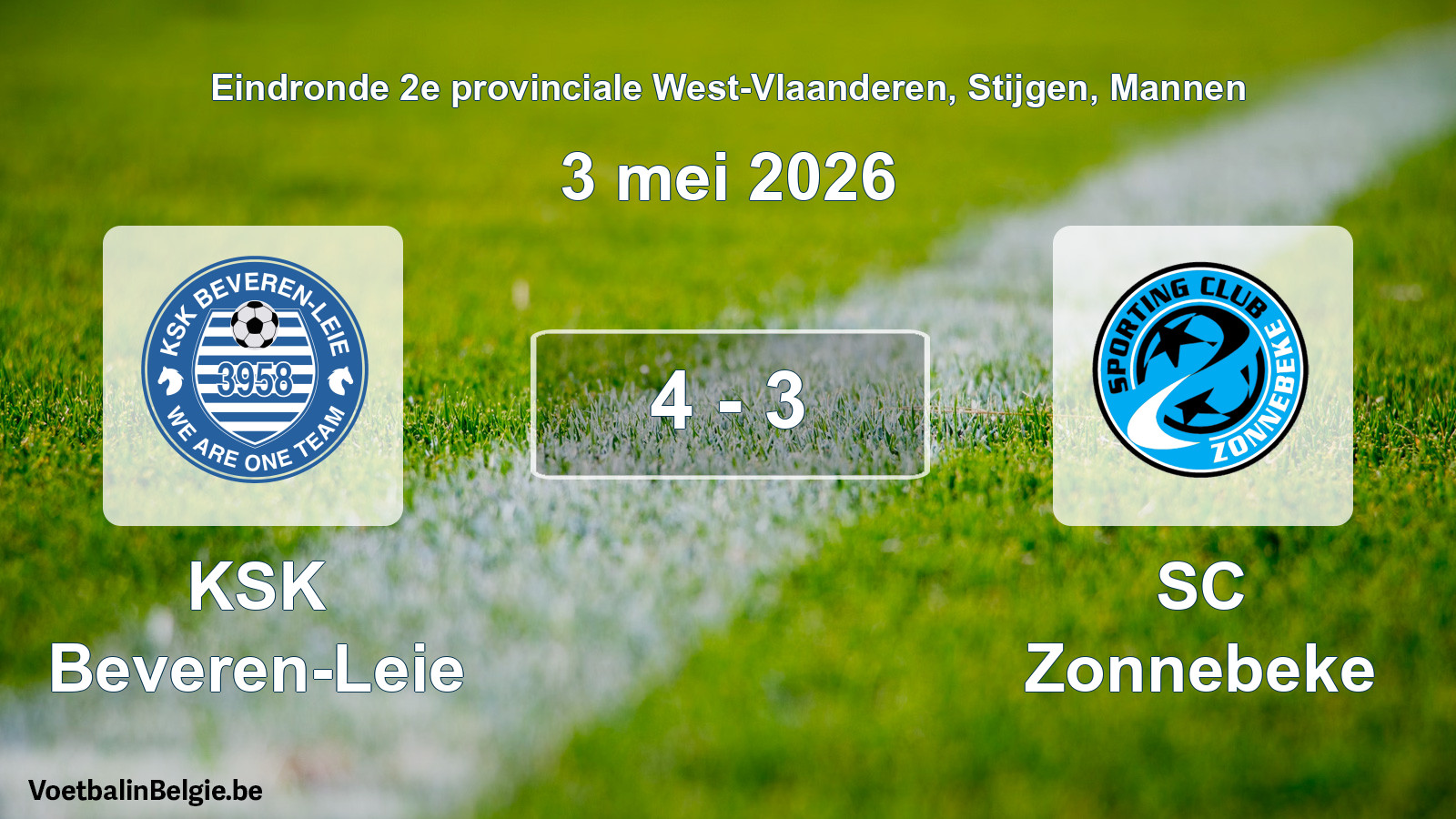 Gespeelde wedstrijd mannenvoetbal: KSK Beveren-Leie - SC Zonnebeke 4 - 3 (3 mei 2026)