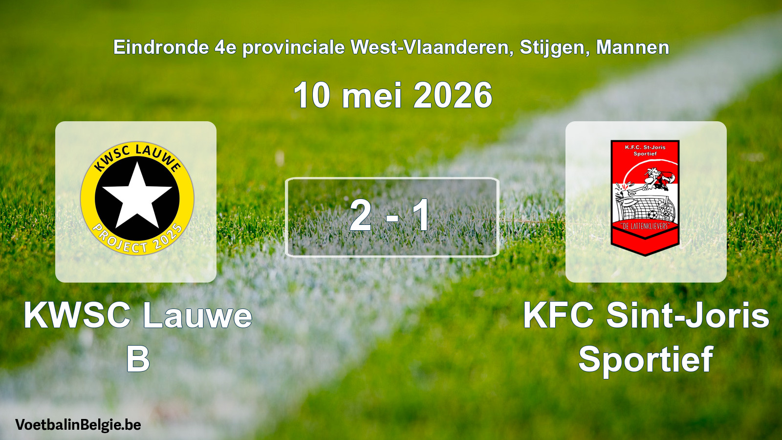 Gespeelde wedstrijd mannenvoetbal: KWSC Lauwe B - KFC Sint-Joris Sportief 2 - 1 (10 mei 2026)