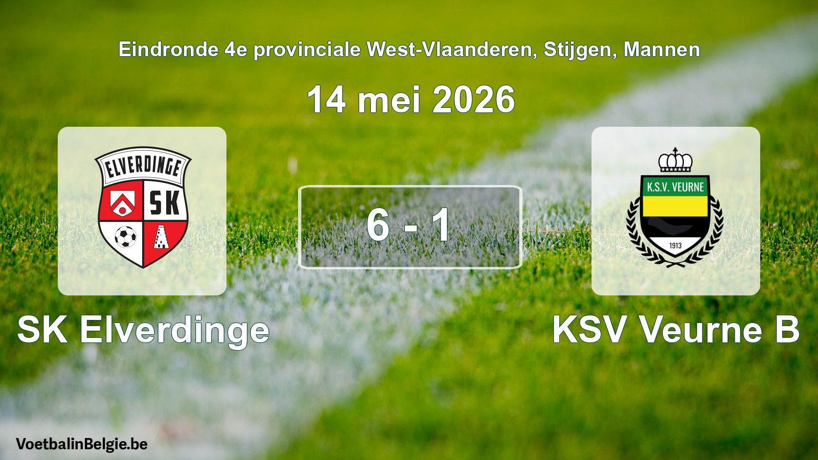 Gespeelde wedstrijd mannenvoetbal: SK Elverdinge - KSV Veurne B 6 - 1 (14 mei 2026)