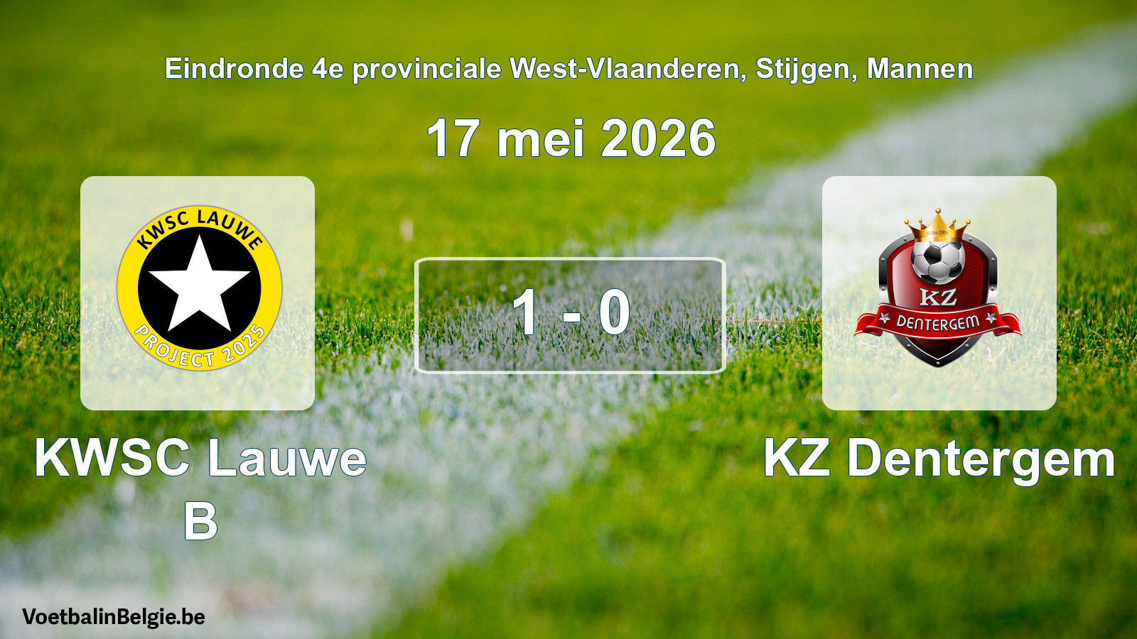 Gespeelde wedstrijd mannenvoetbal: KWSC Lauwe B - KZ Dentergem 1 - 0 (17 mei 2026)