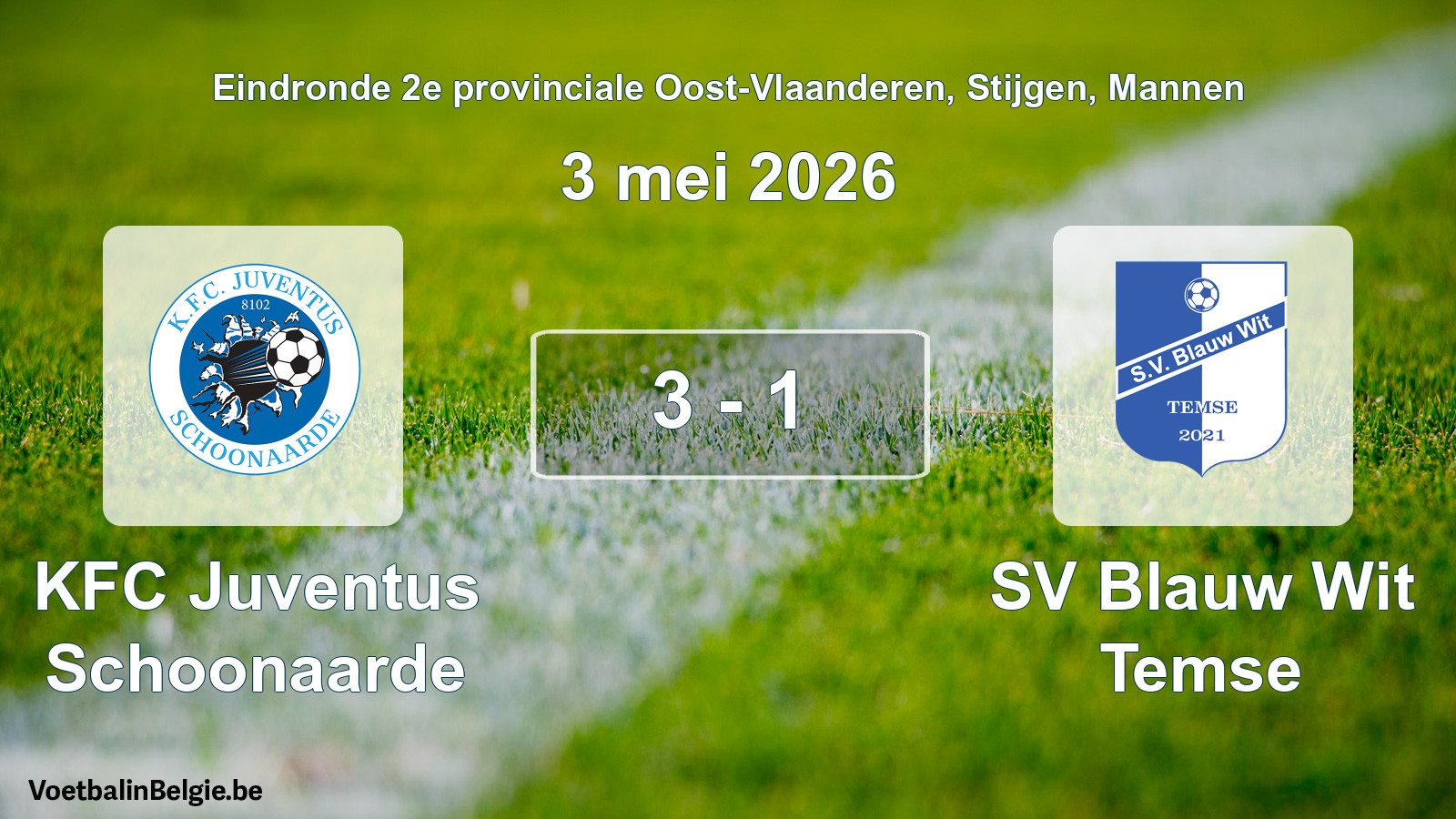Gespeelde wedstrijd mannenvoetbal: KFC Juventus Schoonaarde - SV Blauw Wit Temse 3 - 1 (3 mei 2026)