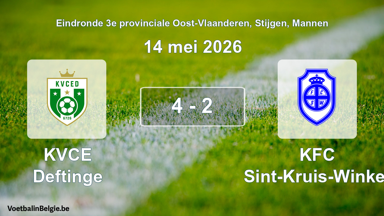 Gespeelde wedstrijd mannenvoetbal: KVCE Deftinge - KFC Sint-Kruis-Winkel 4 - 2 (14 mei 2026)