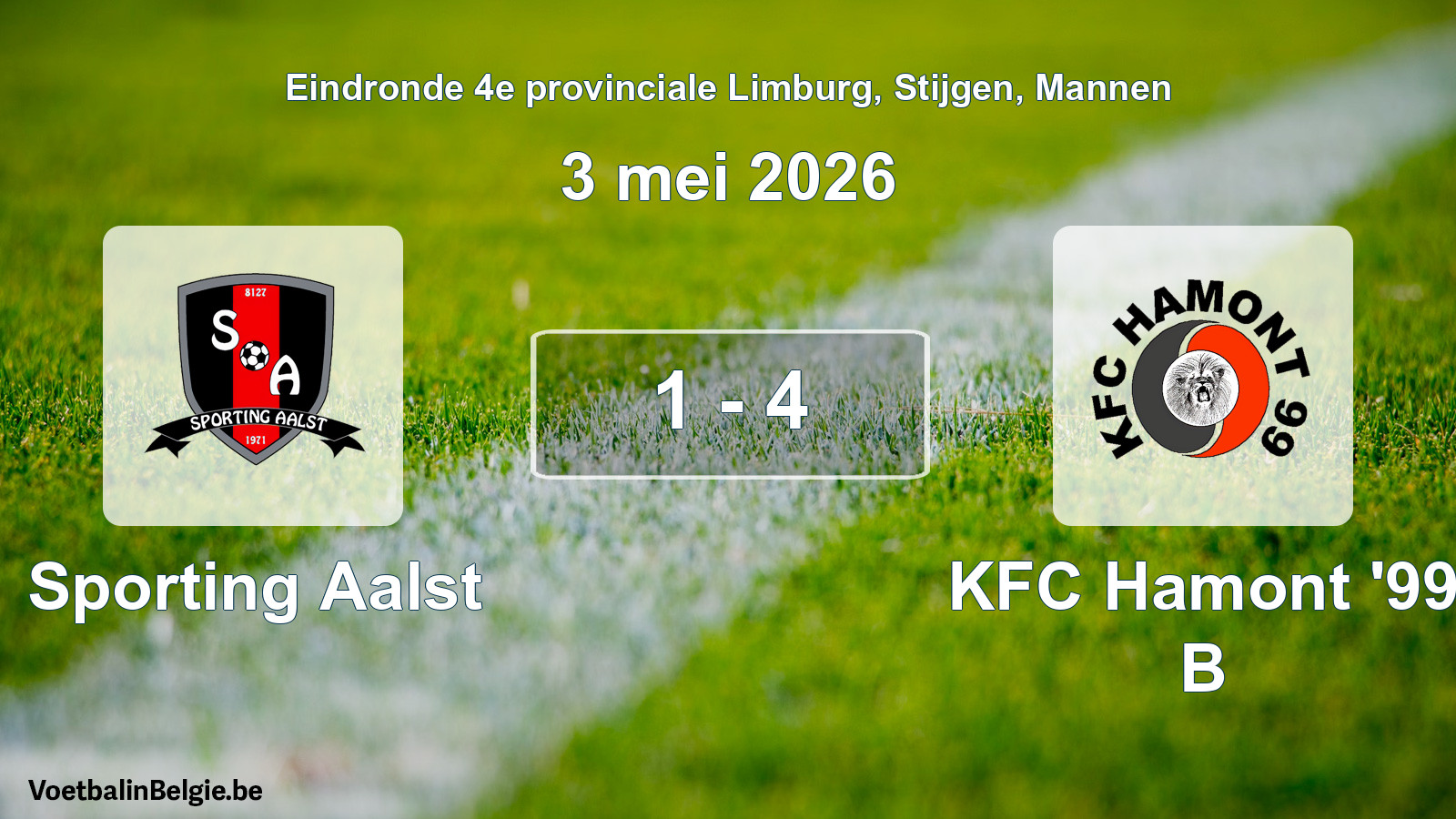 Gespeelde wedstrijd mannenvoetbal: Sporting Aalst - KFC Hamont '99 B 1 - 4 (3 mei 2026)
