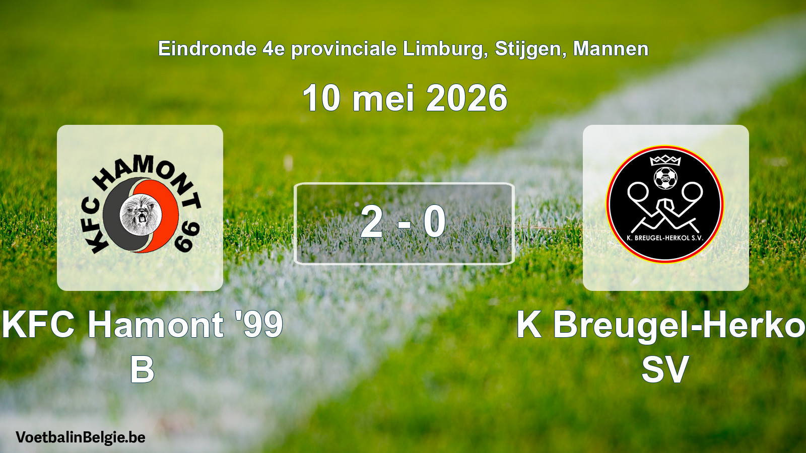 Gespeelde wedstrijd mannenvoetbal: KFC Hamont '99 B - K Breugel-Herkol SV 2 - 0 (10 mei 2026)