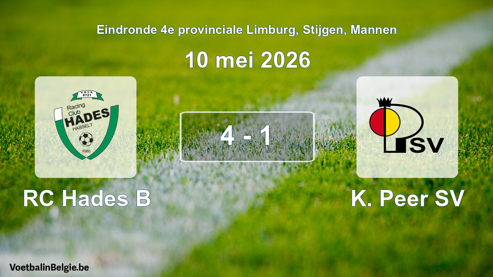 Gespeelde wedstrijd mannenvoetbal: RC Hades B - K. Peer SV 4 - 1 (10 mei 2026)