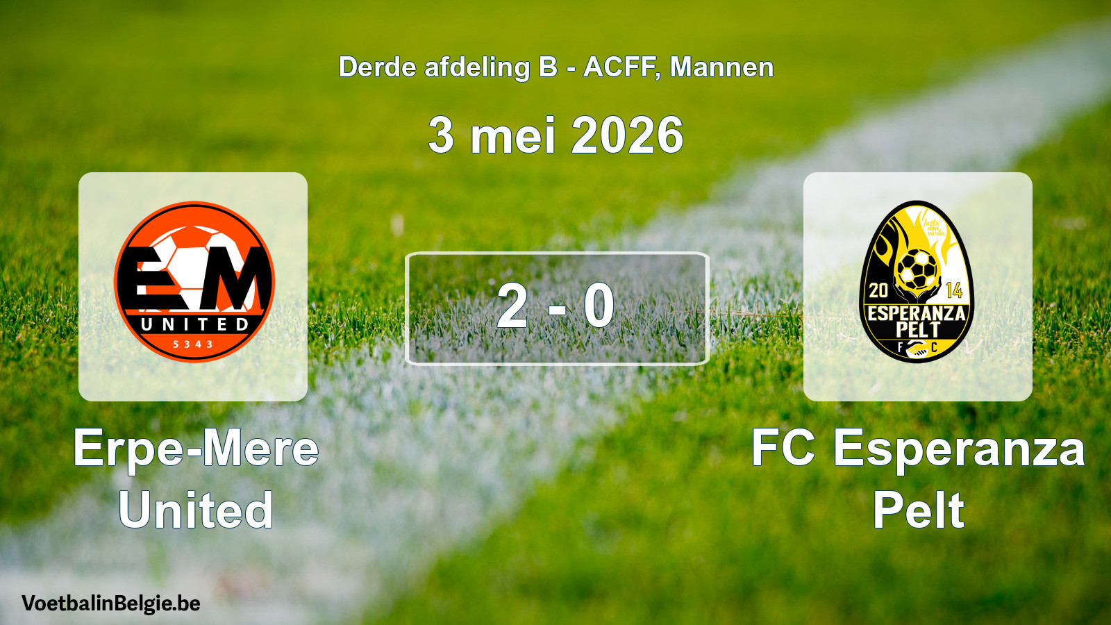 Gespeelde wedstrijd mannenvoetbal: Erpe-Mere United - FC Esperanza Pelt 2 - 0 (3 mei 2026)