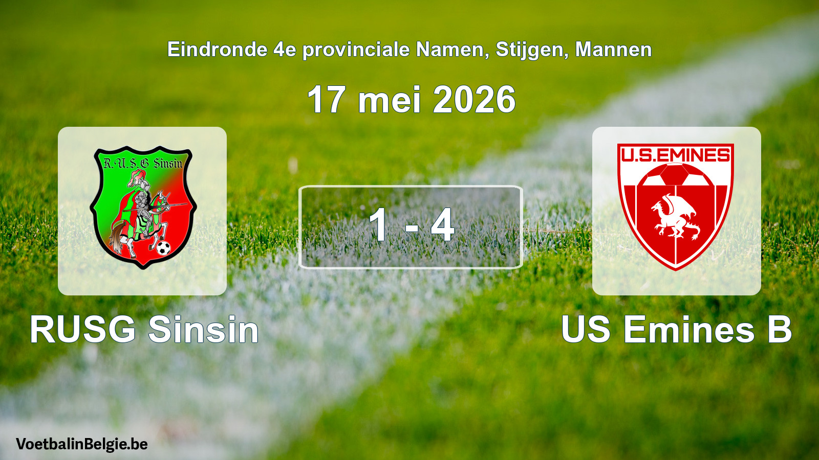 Gespeelde wedstrijd mannenvoetbal: RUSG Sinsin - US Emines B 1 - 4 (17 mei 2026)