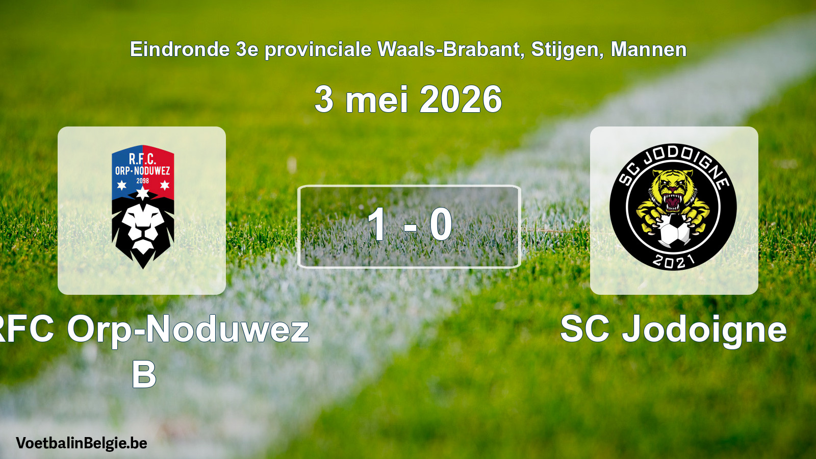 Gespeelde wedstrijd mannenvoetbal: RFC Orp-Noduwez B - SC Jodoigne 1 - 0 (3 mei 2026)