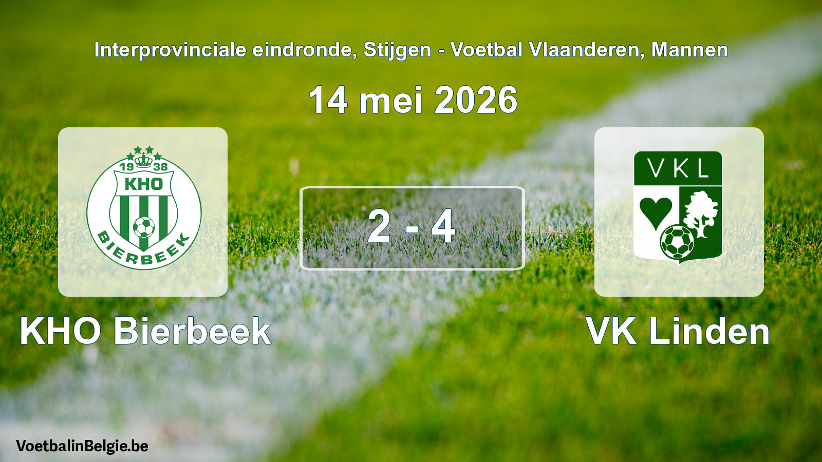 Gespeelde wedstrijd mannenvoetbal: KHO Bierbeek - VK Linden 2 - 4 (14 mei 2026)