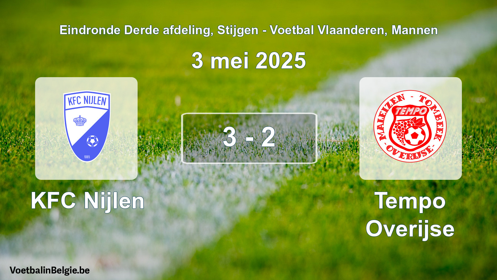 Gespeelde wedstrijd mannenvoetbal: KFC Nijlen - Tempo Overijse 3 - 2 (3 mei 2025)