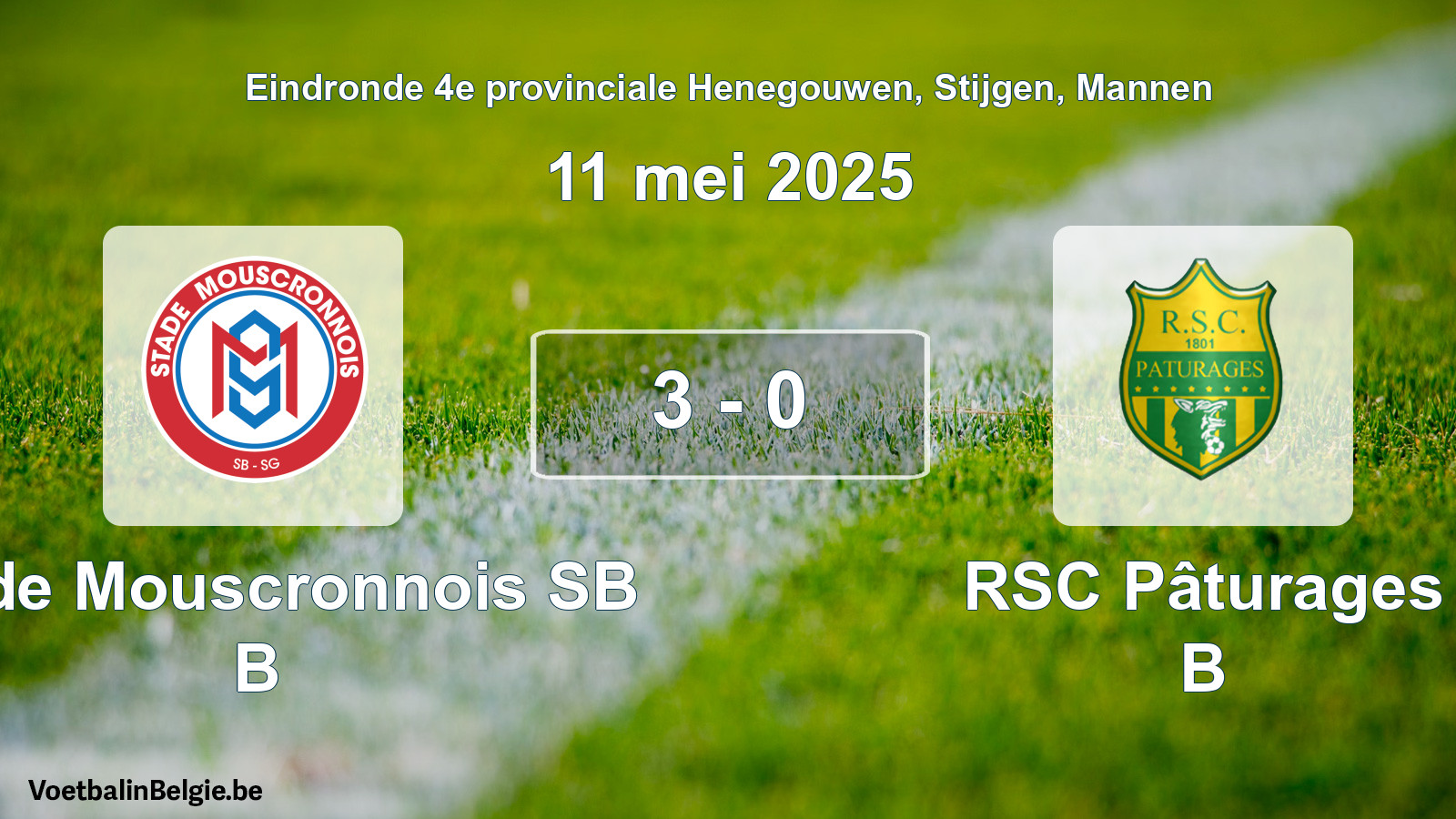Gespeelde wedstrijd mannenvoetbal: Stade Mouscronnois SB B - RSC Pâturages B 3 - 0 (11 mei 2025)