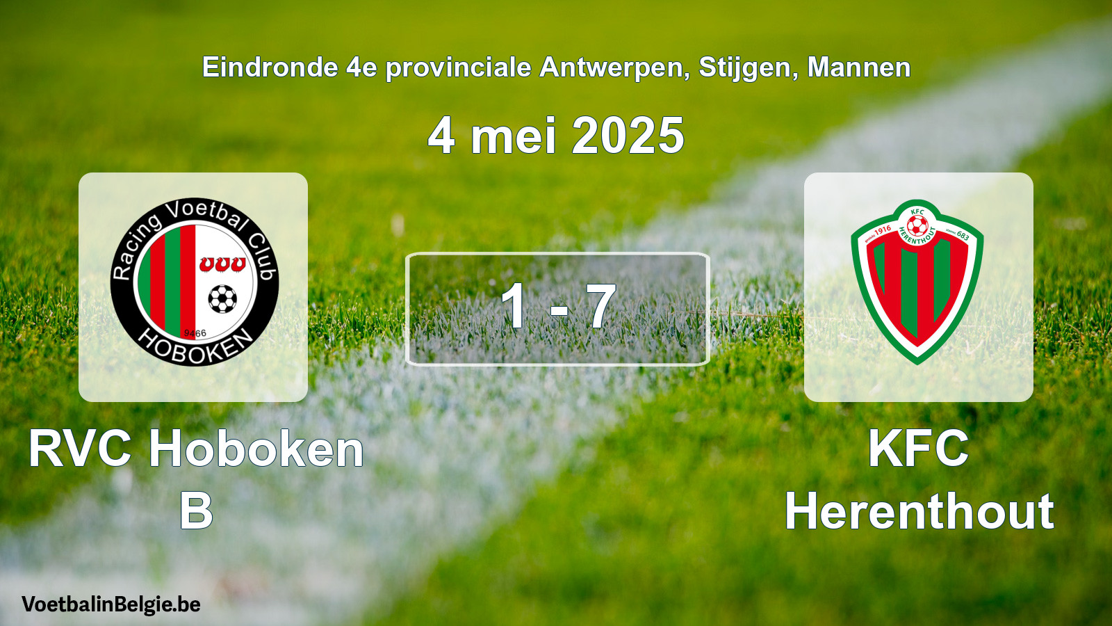 Gespeelde wedstrijd mannenvoetbal: RVC Hoboken B - KFC Herenthout 1 - 7 (4 mei 2025)
