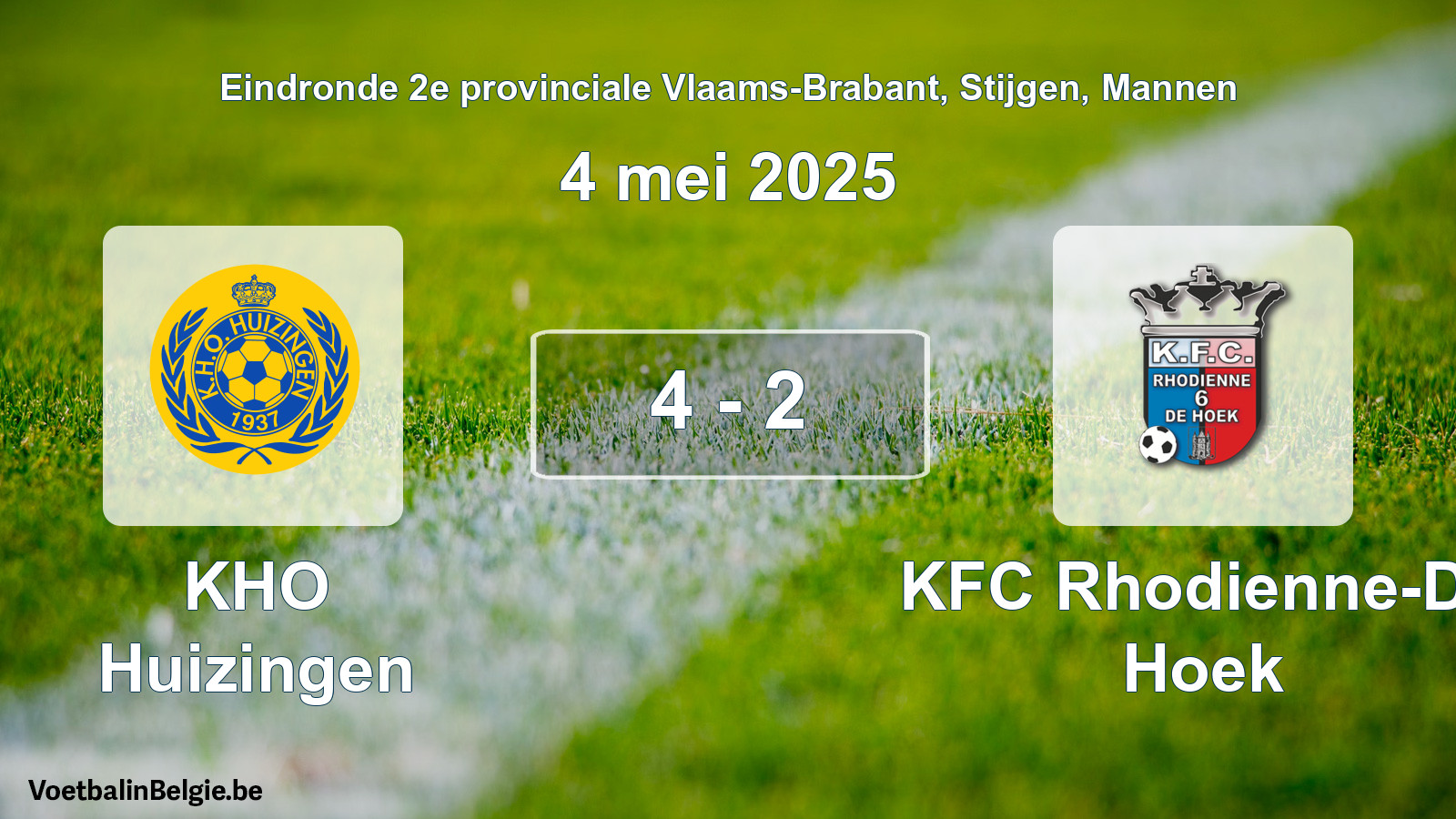 Gespeelde wedstrijd mannenvoetbal: KHO Huizingen - KFC Rhodienne-De Hoek 4 - 2 (4 mei 2025)