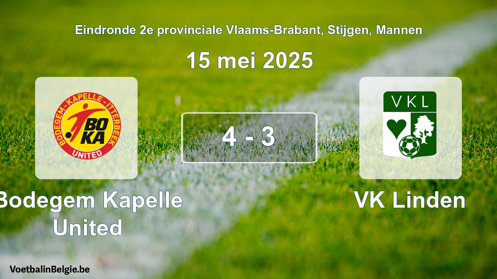 Gespeelde wedstrijd mannenvoetbal: Bodegem Kapelle United - VK Linden 4 - 3 (15 mei 2025)