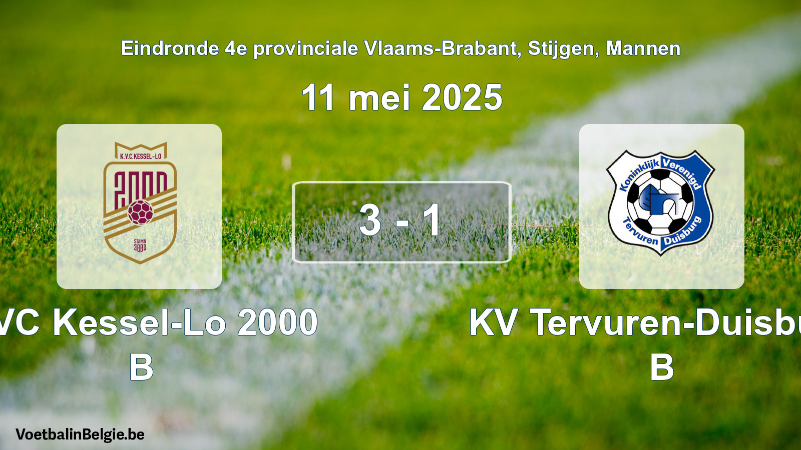 Gespeelde wedstrijd mannenvoetbal: KVC Kessel-Lo 2000 B - KV Tervuren-Duisburg B 3 - 1 (11 mei 2025)