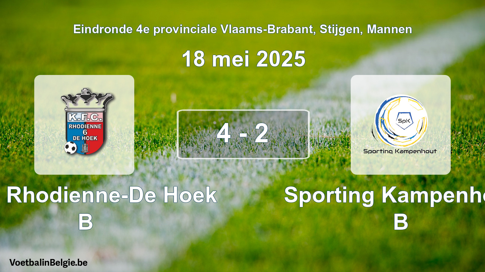 Gespeelde wedstrijd mannenvoetbal: KFC Rhodienne-De Hoek B - Sporting Kampenhout B 4 - 2 (18 mei 2025)