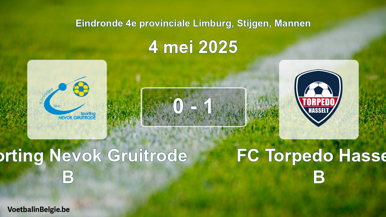Gespeelde wedstrijd mannenvoetbal: K. Sporting Nevok Gruitrode B - FC Torpedo Hasselt B 0 - 1 (4 mei 2025)